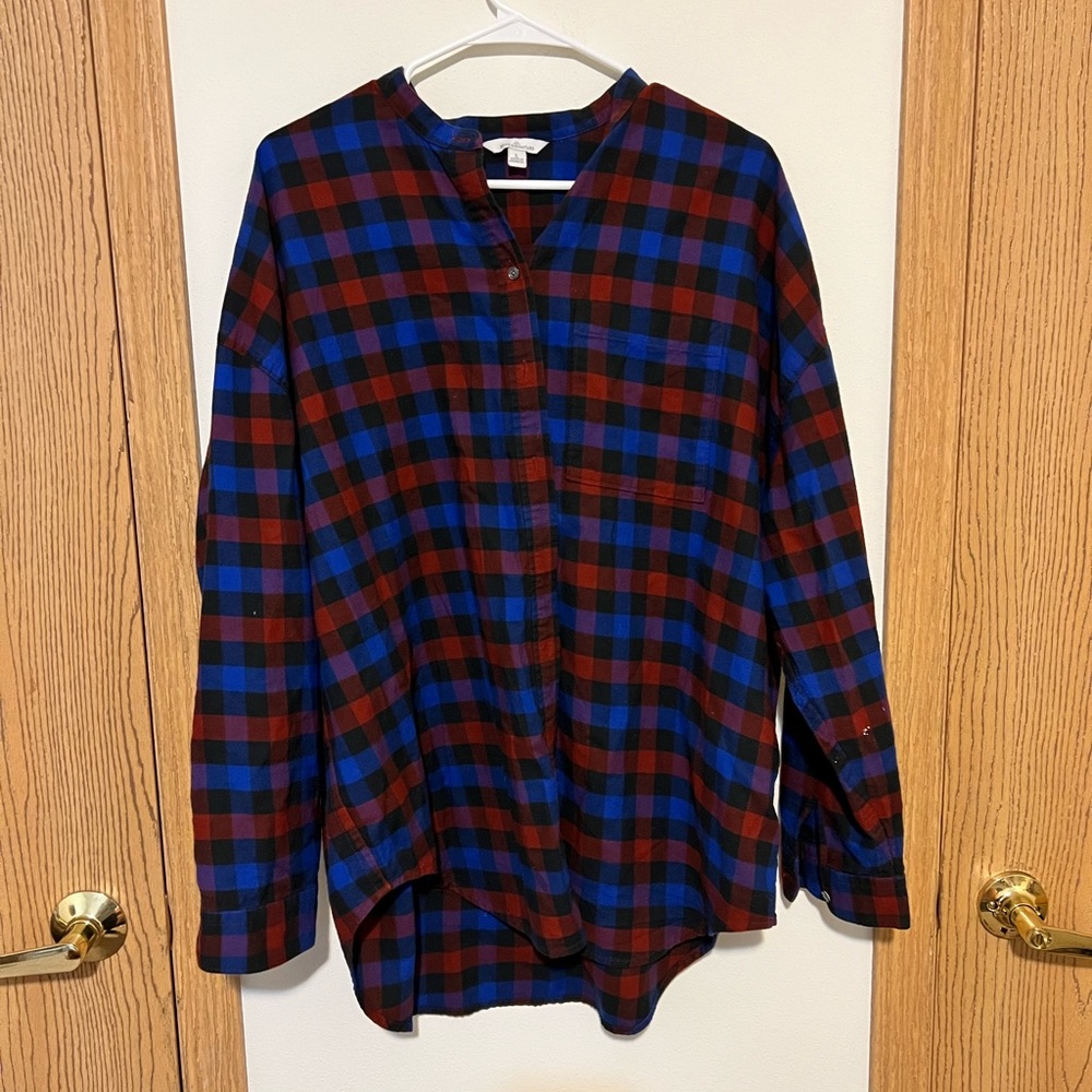 LL Bean Signature Long Sleeve Collarless Plaid Button Up Shirt Size Large